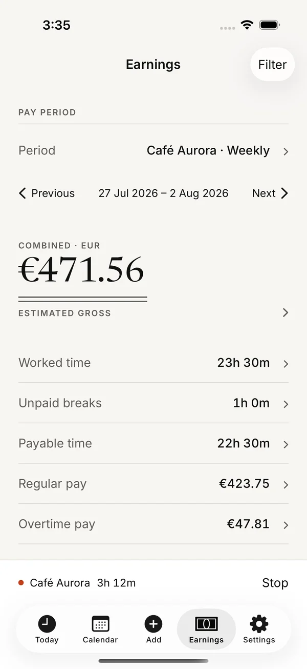 ShiftSum earnings screen showing recorded hours, overtime and the estimated gross pay breakdown